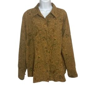 Coldwater‎ Creek Womens 2X Shirt Top Brown Paisley Button Up Long Sleeve Artsy